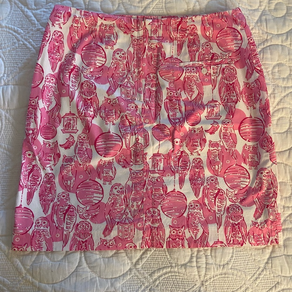 Lilly Pulitzer Sz 8 Pink & White Owl Print Cotton Skirt